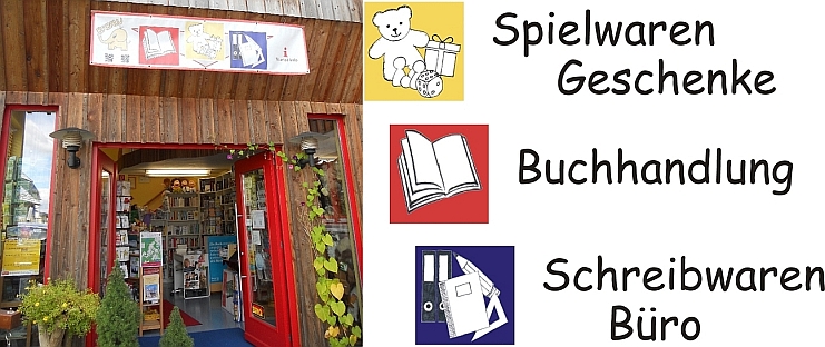 Der Eingang des Geschäftes
die drei Logos für Spielwaren, Buchhandlung und Schreibwaren