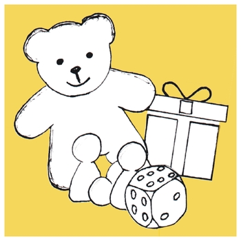 Teddybär, Würfel und Spielfiguren als Logo für Spielwaren